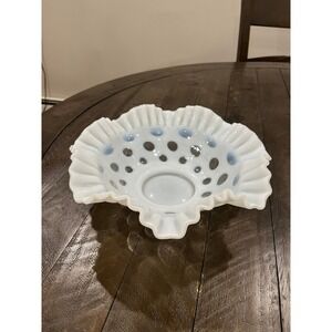 Vintage Fenton White Opalescent Coin Dot Crimped Ruffle Console Bowl 10.25"